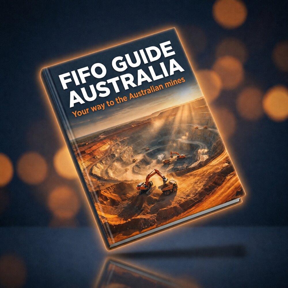 The FIFO Guide Australia eBook cover, showing an open-cut mine at sunset