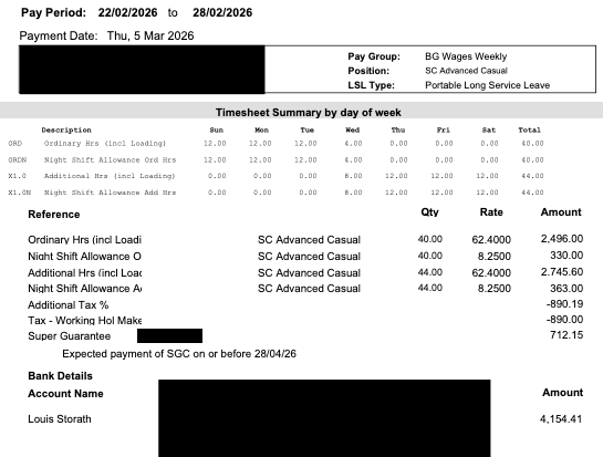 Payslip for the week of 22 to 28 February 2026: 84 hours, an AUD 4,154.41 payment, with the company name and account number blacked out